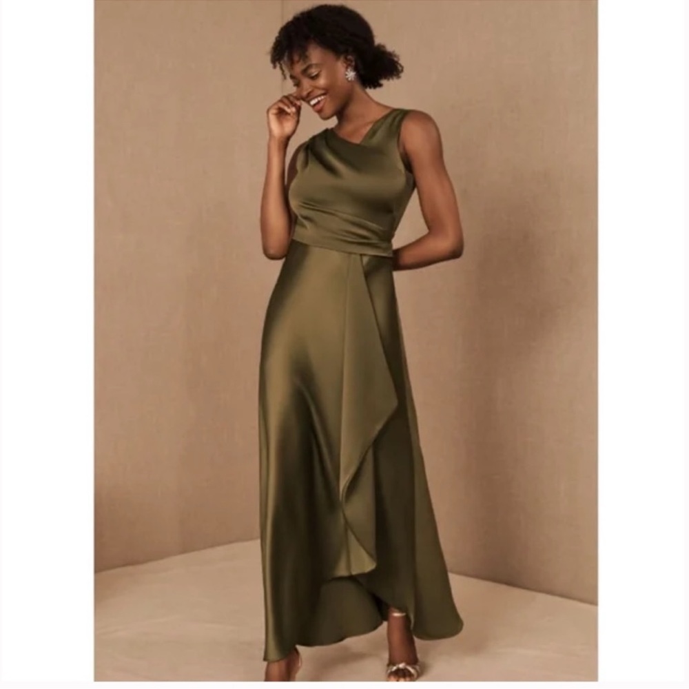 BHLDN Satin Olive Maxi Dress